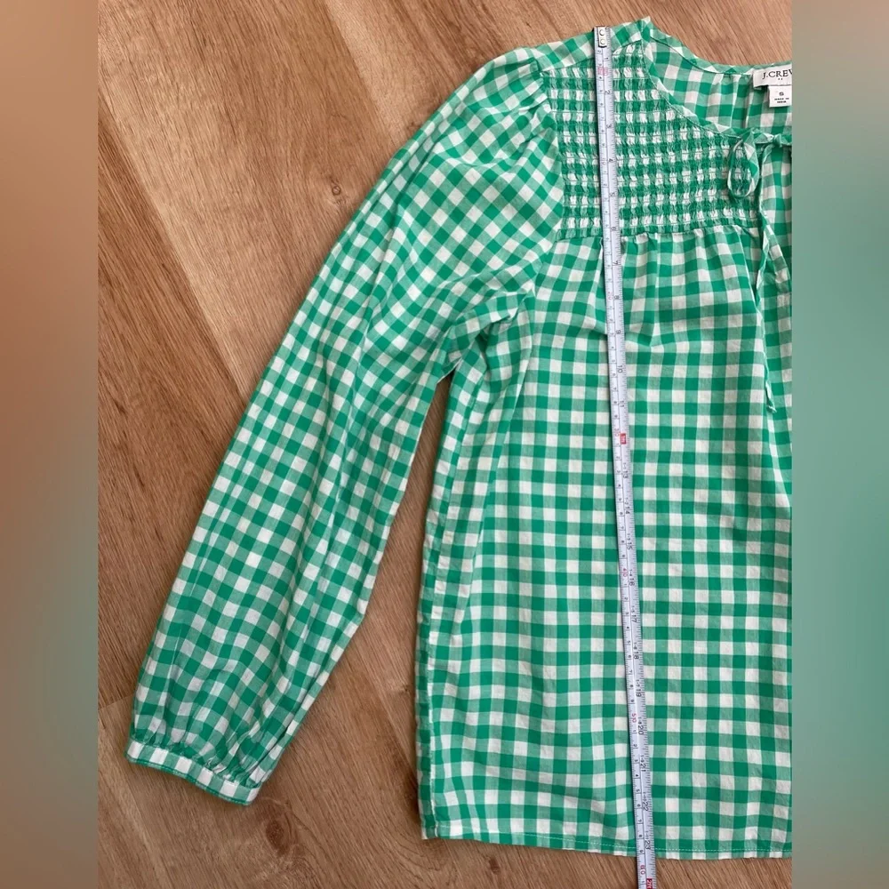 J. Crew green gingham white tie-neck smocked top small blouse preppy shirt